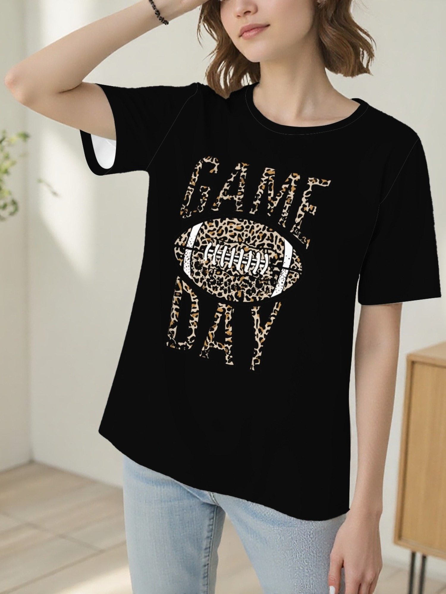 Women's Leopard Print Game Day Football T-Shirt - Casual Short Sleeve Graphic Tee