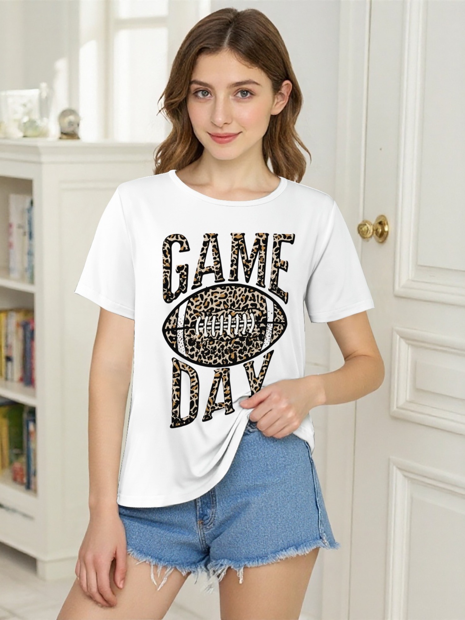 Women's Leopard Print Game Day Football T-Shirt - Casual Short Sleeve Graphic Tee