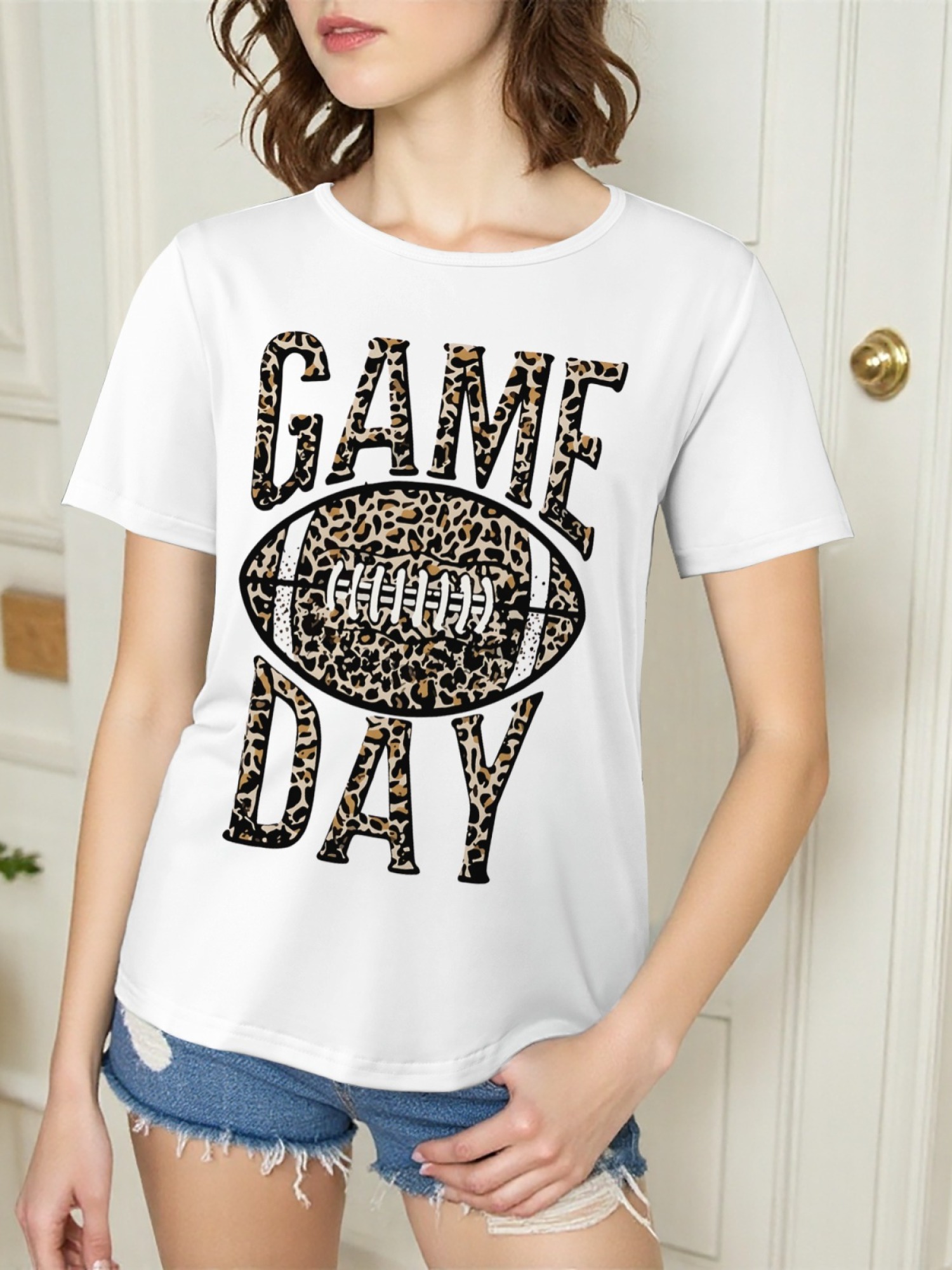 Women's Leopard Print Game Day Football T-Shirt - Casual Short Sleeve Graphic Tee