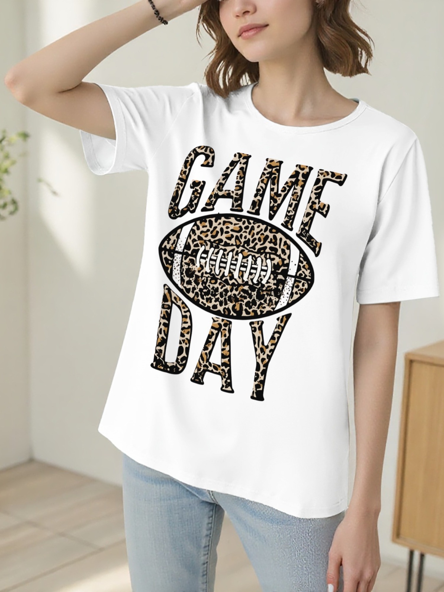 Women's Leopard Print Game Day Football T-Shirt - Casual Short Sleeve Graphic Tee