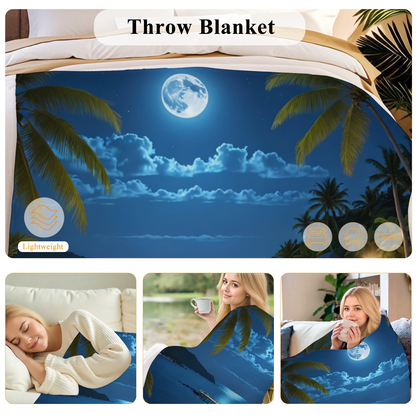 Tropical Moonlit Beach Throw Blanket, Soft Flannel with Stunning Night Sky Scene, Lightweight & Warm for Adults and Kids-Pixelunique