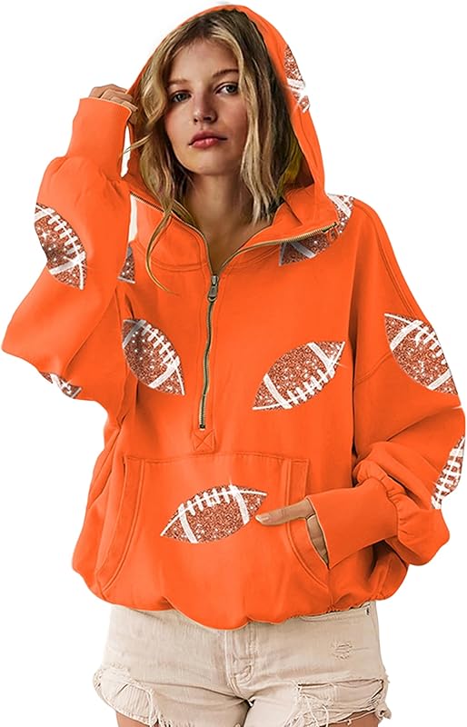 Womens Game Day Sweatshirts Football Sequin Hoodies Tailgate Outfits Long Sleeve Zipper Sweaters with Pocket