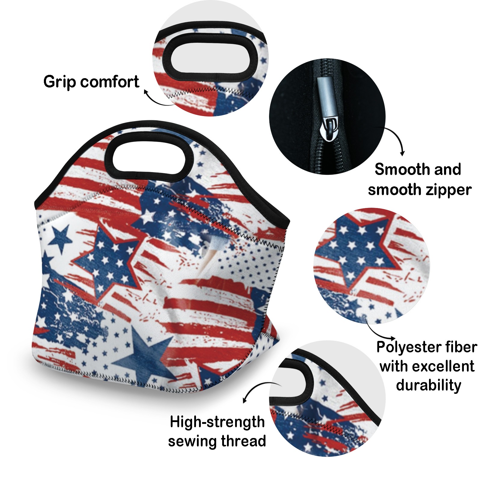 American Flag Pattern Neoprene Lunch Bag - Insulated Tote for Work & Picnics-Pixelunique