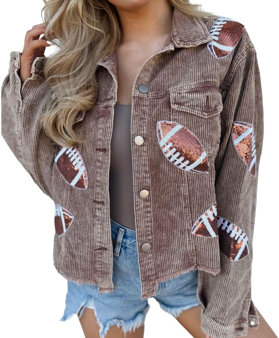 Women's Game Day Outfit Jacket Football Sequin Patched Raw Hem Cropped Corduroy Shacket Coat