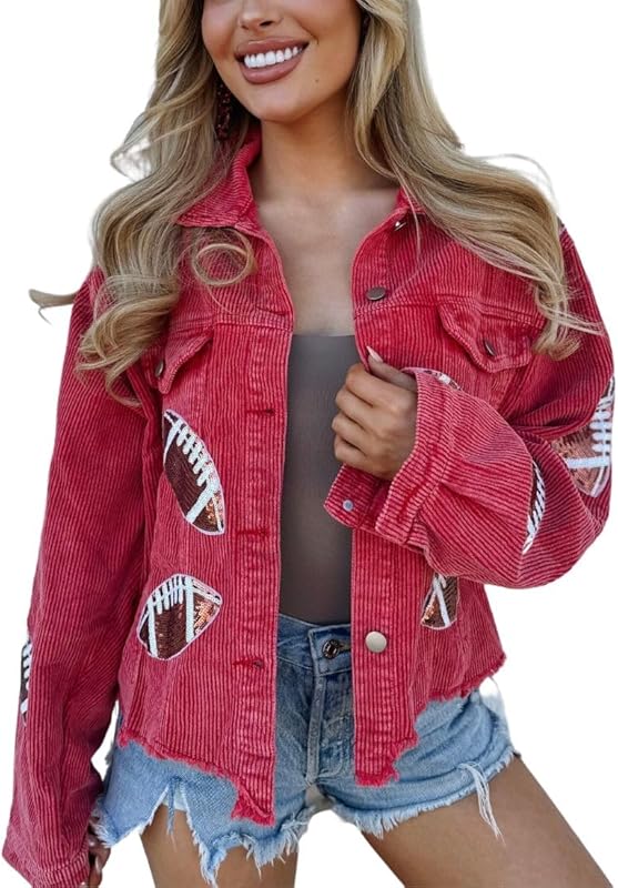 Women's Game Day Outfit Jacket Football Sequin Patched Raw Hem Cropped Corduroy Shacket Coat