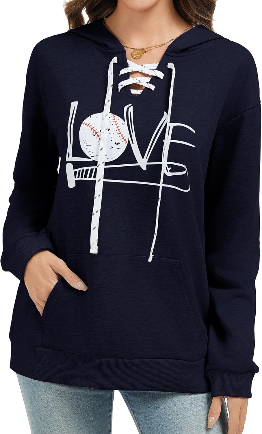 Women's V Neck Long Sleeve Baseball Hoodie Sweatshirt Pullover Loose Mom Shirt