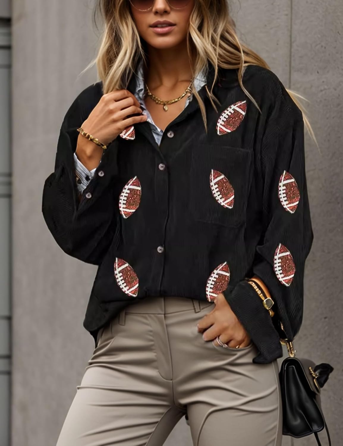Women's Football Corduroy Sequin Jackets Button Down Long Sleeves Rugby Game Day Coat