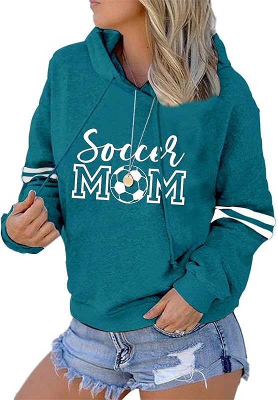 Womens Soccer Mom Hoodies Long Sleeve Casual Loose Striped Soccer Graphic Sweatshirt with Pocket