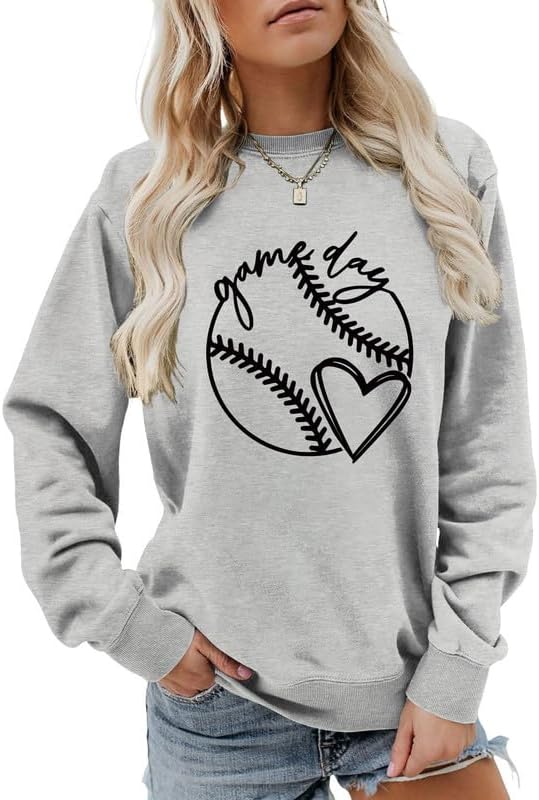 Women Sweatshirt Baseball Game Day Long Sleeve Crewneck Graphic Pullover Top Baseball Softball Sport Mom Casual Shirt