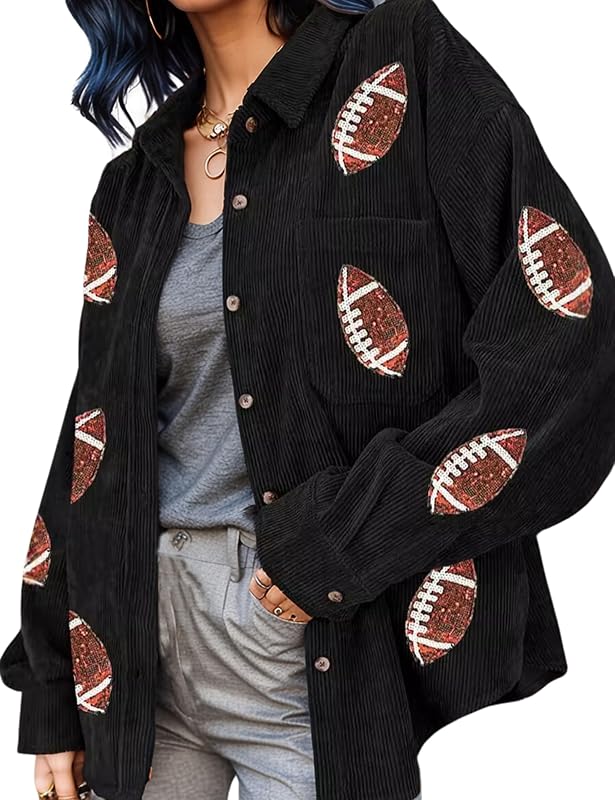 Women's Football Corduroy Sequin Jackets Button Down Long Sleeves Rugby Game Day Coat