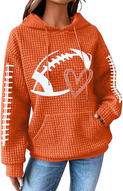 Game Day Hooded Sweatshirt Women Funny Football Graphic Shirt Waffle Knit Game Day Pullover Hoodies Long Sleeve