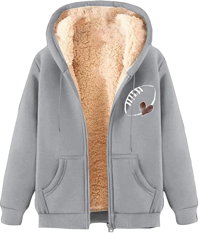 Game Day Sweatshirt Women Fleece Sherpa Lined Jacket Zip Up Football Sweatshirts Fall Warm Winter Coat with Pockets