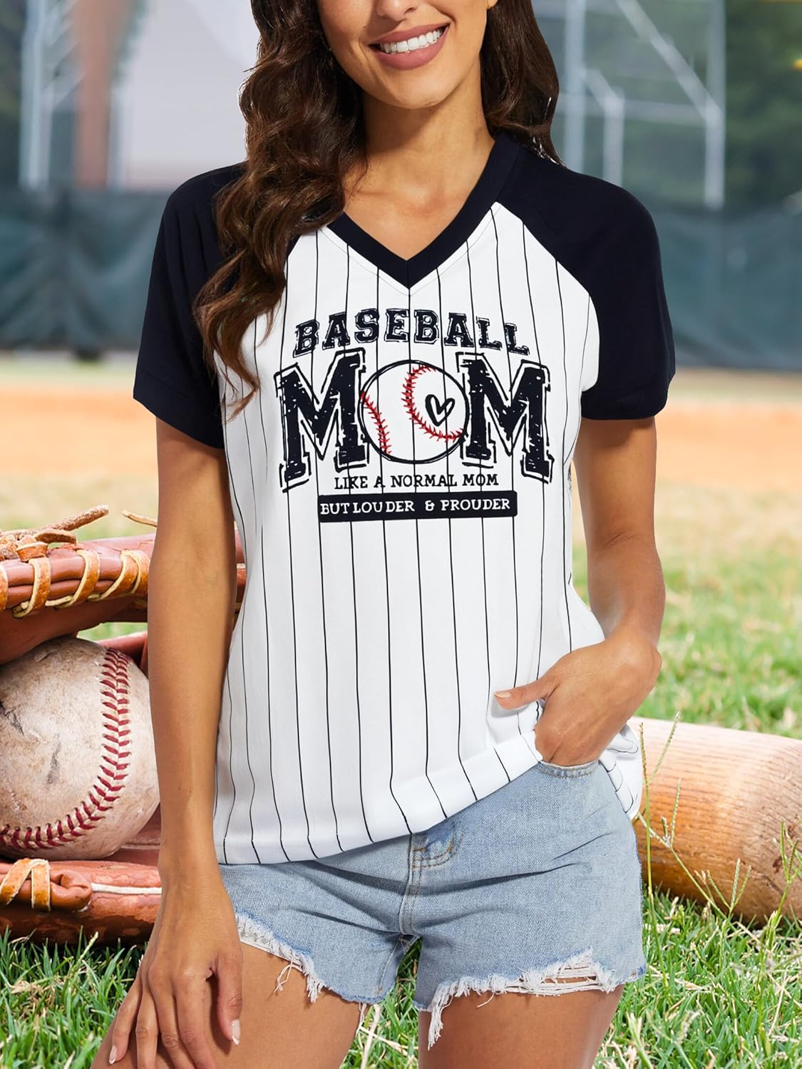 Baseball Mom Shirts for Women - Oversized V Neck Baseball Jersey Shirt Stripe Graphic Print Casual Tops Tees
