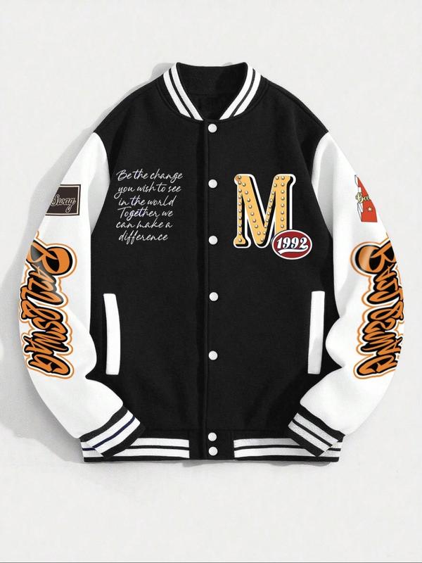 Men's Baseball Jacket with Letter Print, Long Sleeve Fitted Pilot Coat, Casual Daily Wear, Thick Fabric, Fall & Winter Fashion