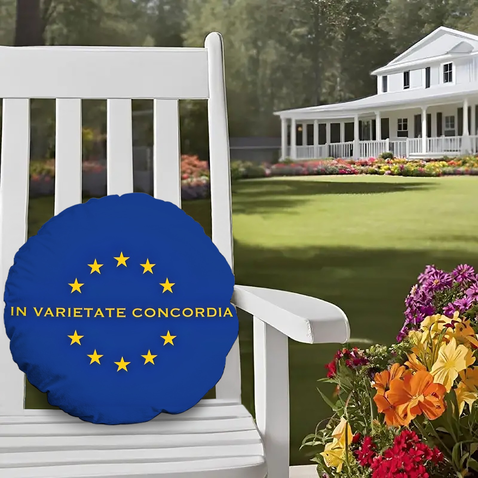 European - Inspired Round Throw Pillow with "In Varietate Concordia" Motif