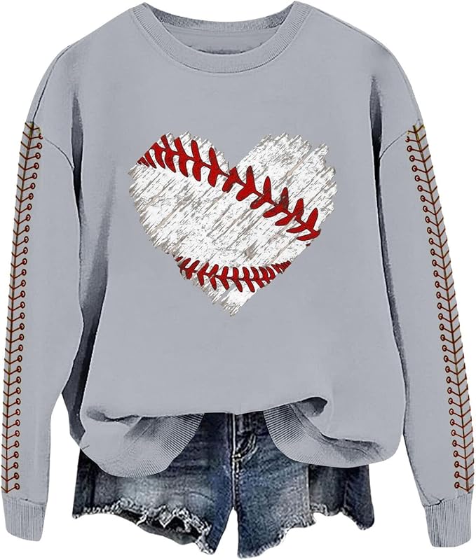 Baseball Mom Sweatshirt For Women Heart Printed Crewneck Long Sleeve 2025 Pullover Tops