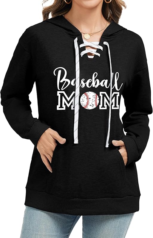Women's V Neck Long Sleeve Baseball Hoodie Sweatshirt Pullover Loose Mom Shirt