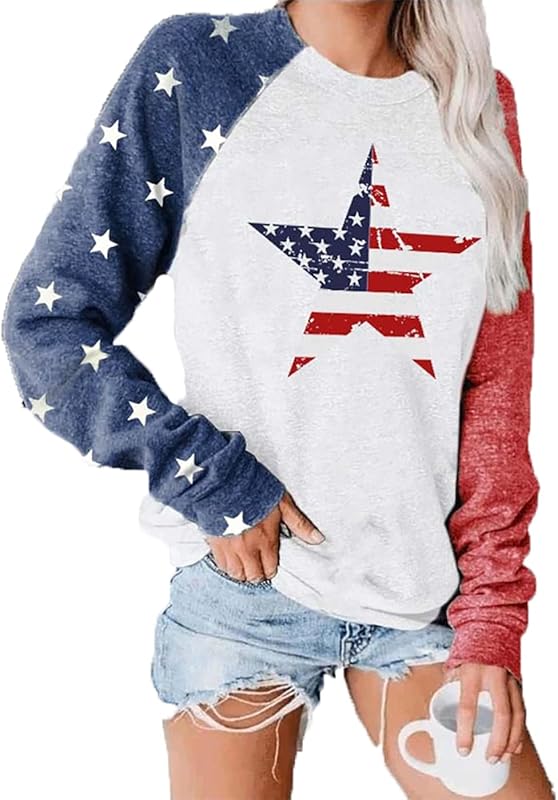Womens Long Sleeve Shirt Baseball Shirt Mom Shirt American Flag Shirt Star Sweatshirt