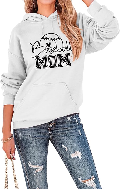 Womens Hoodies Baseball Mom Letter Graphic Sweatshirt Long Sleeve Casual Hooded Pullovers Fall Loose Lightweight Tops