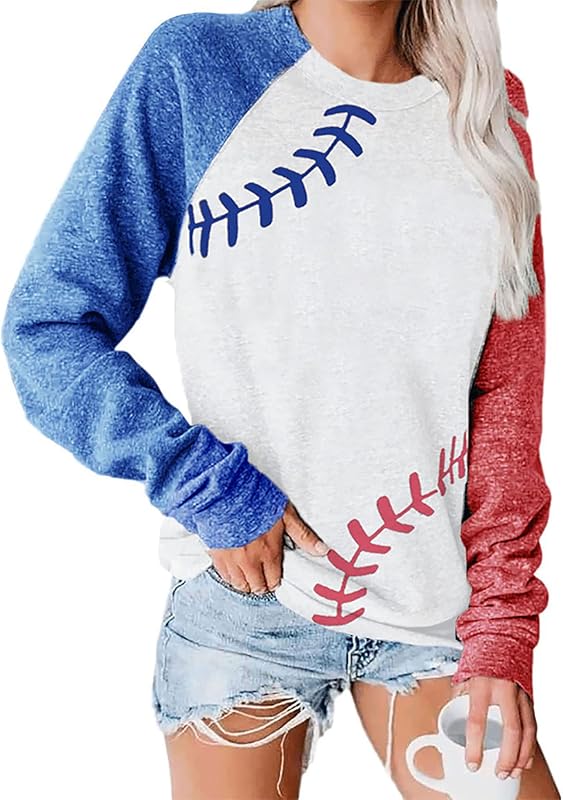 Womens Long Sleeve Shirt Baseball Shirt Mom Shirt American Flag Shirt Star Sweatshirt