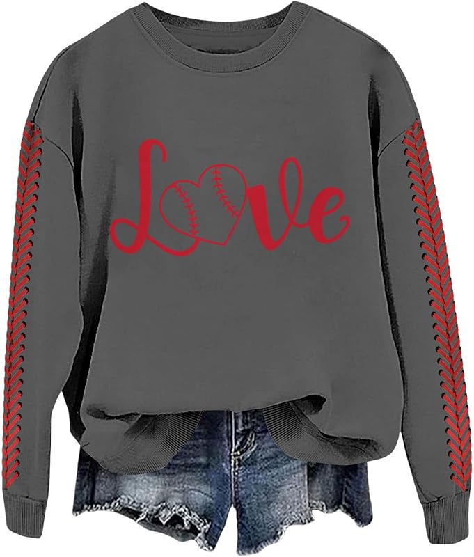 Baseball Mom Sweatshirt For Women Heart Printed Crewneck Long Sleeve 2025 Pullover Tops