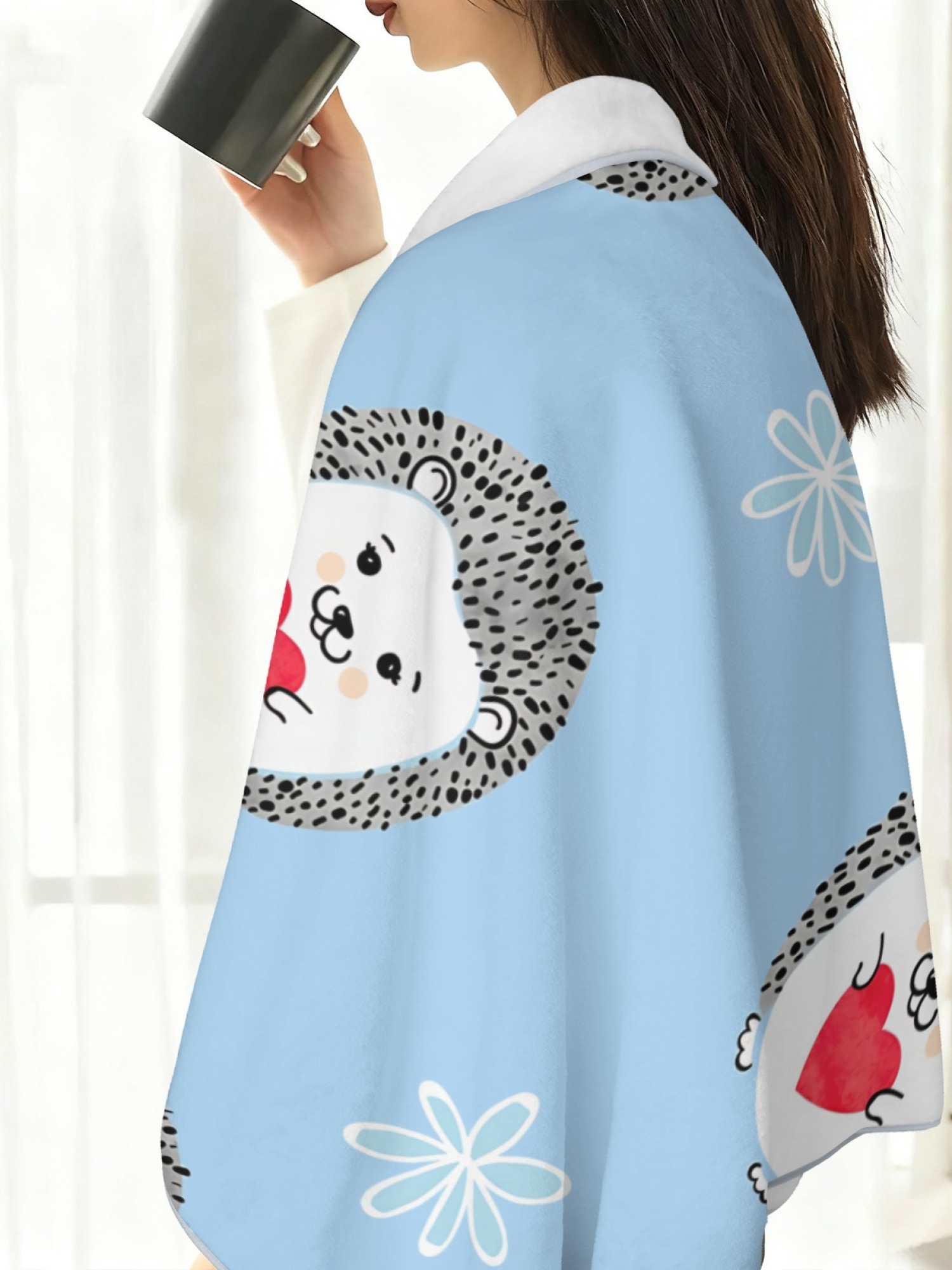 Women's Cartoon Hedgehog Printed Flannel Hooded Shawl - Warm Cozy Blanket Cape (3 Colors: Light Blue/Black/Pink)