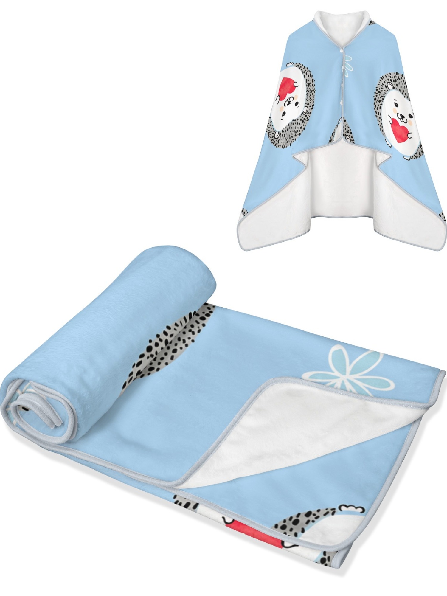 Women's Cartoon Hedgehog Printed Flannel Hooded Shawl - Warm Cozy Blanket Cape (3 Colors: Light Blue/Black/Pink)