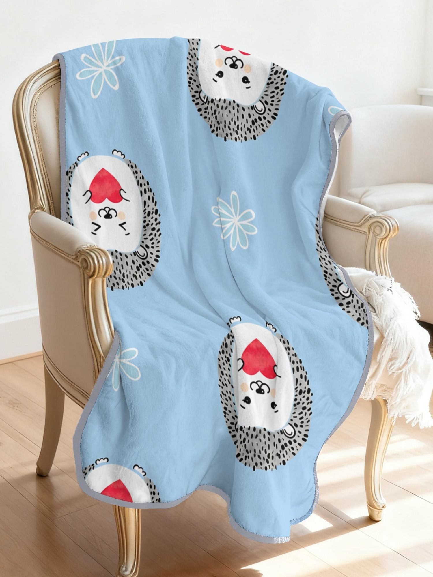 Women's Cartoon Hedgehog Printed Flannel Hooded Shawl - Warm Cozy Blanket Cape (3 Colors: Light Blue/Black/Pink)