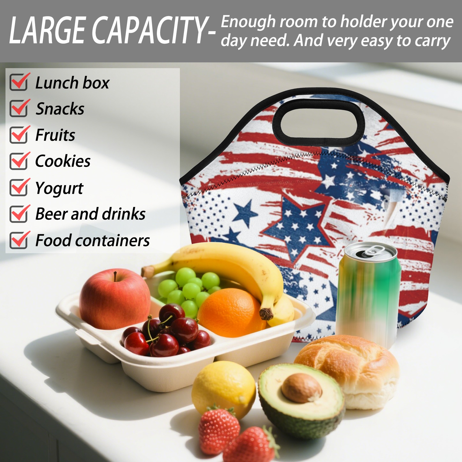 American Flag Pattern Neoprene Lunch Bag - Insulated Tote for Work & Picnics-Pixelunique
