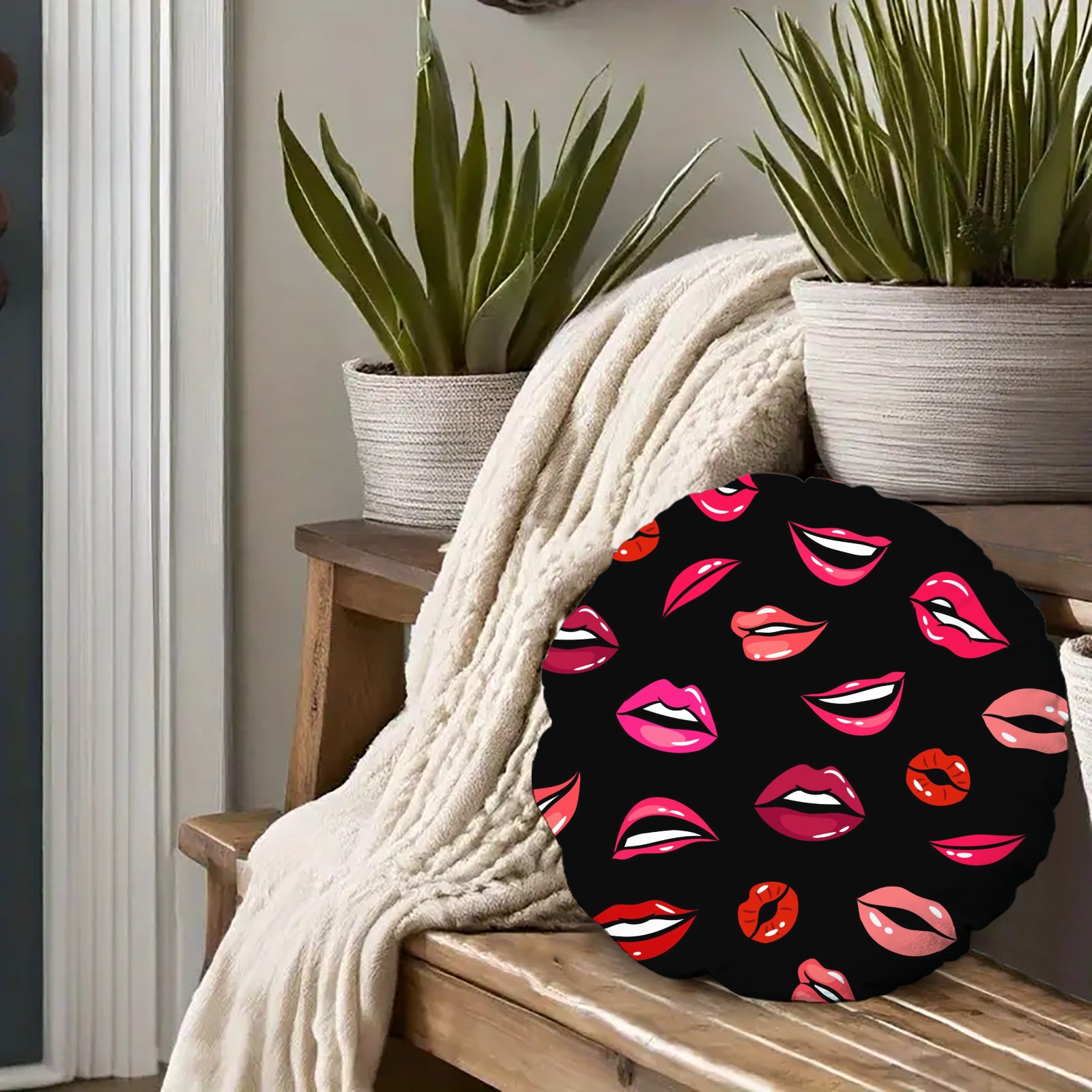 Lip Print Round Decorative Throw Pillow for Indoor Home Decor