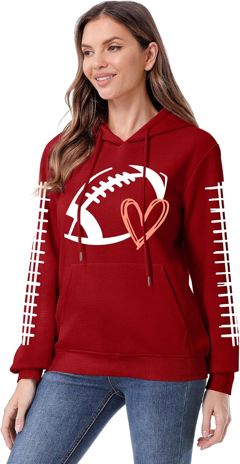 NEWWEN Game Day Sweatshirt Women Football Graphic Shirt Football Mom Waffle Knit Hoodie Game Day Long Sleeve Pullover Tops