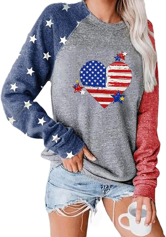 Womens Long Sleeve Shirt Baseball Shirt Mom Shirt American Flag Shirt Star Sweatshirt