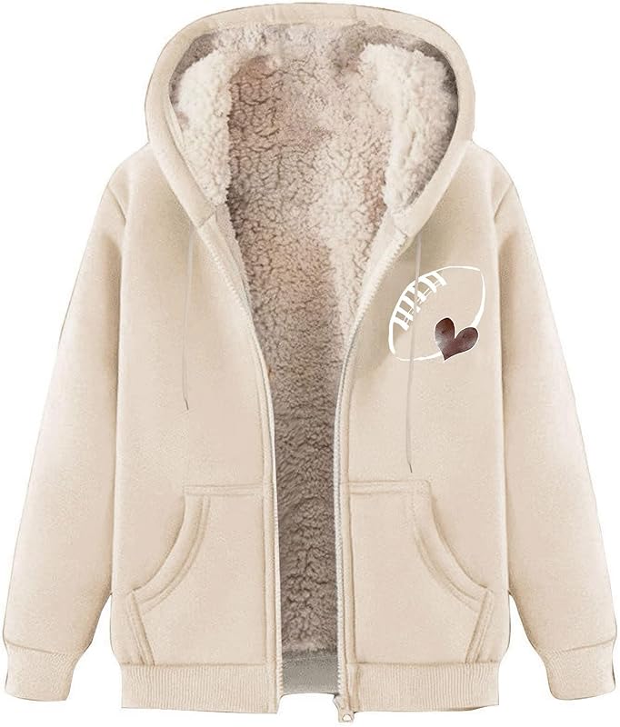 Game Day Sweatshirt Women Fleece Sherpa Lined Jacket Zip Up Football Sweatshirts Fall Warm Winter Coat with Pockets