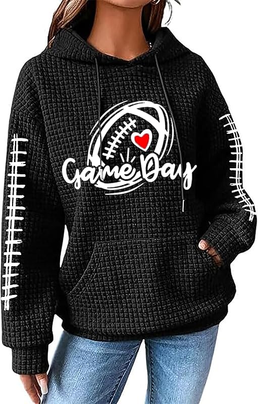 NEWWEN Game Day Sweatshirt Women Football Graphic Shirt Football Mom Waffle Knit Hoodie Game Day Long Sleeve Pullover Tops
