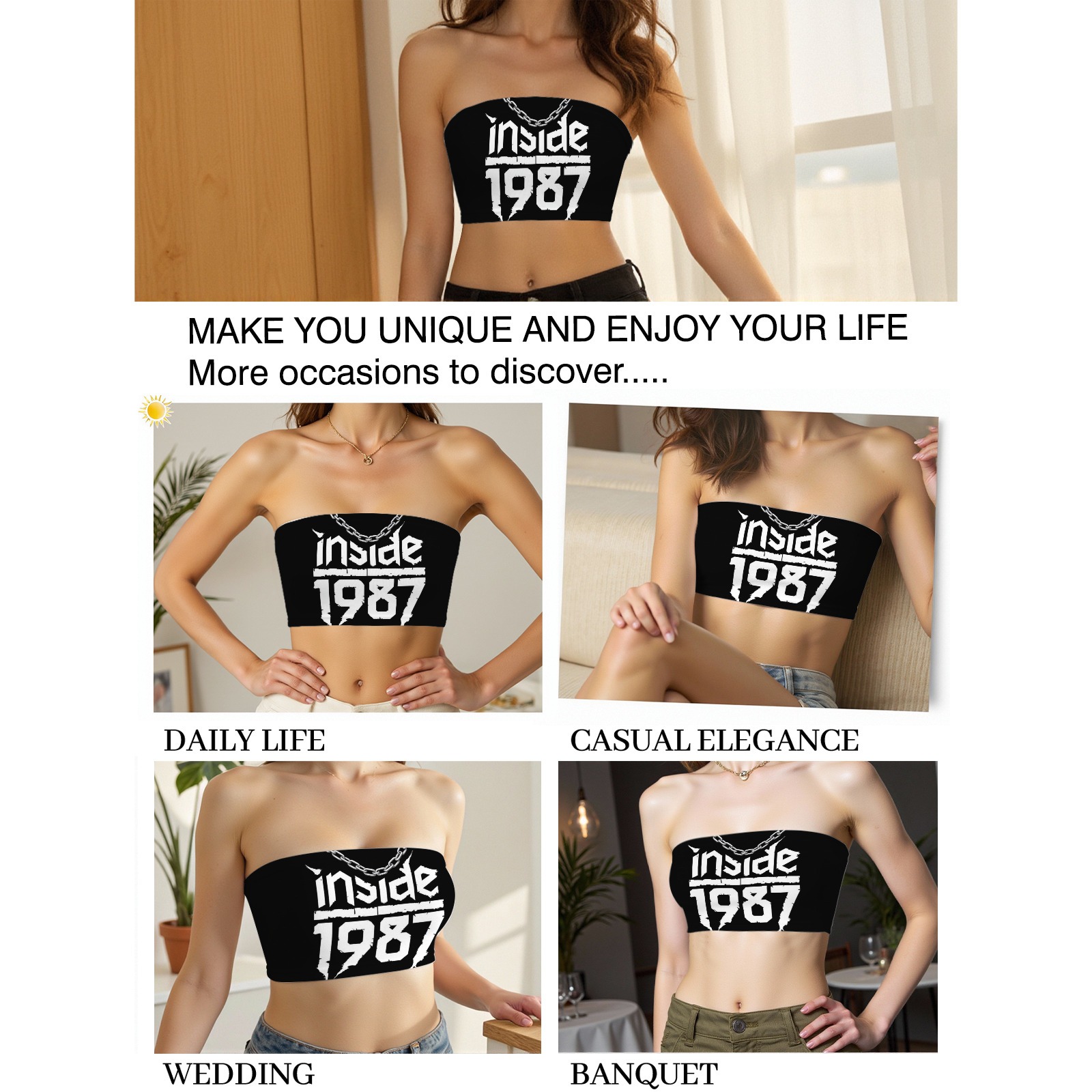 Women's Inside 1987 Print Tube Top - Strapless Stretchy Summer Crop Top-Pixelunique