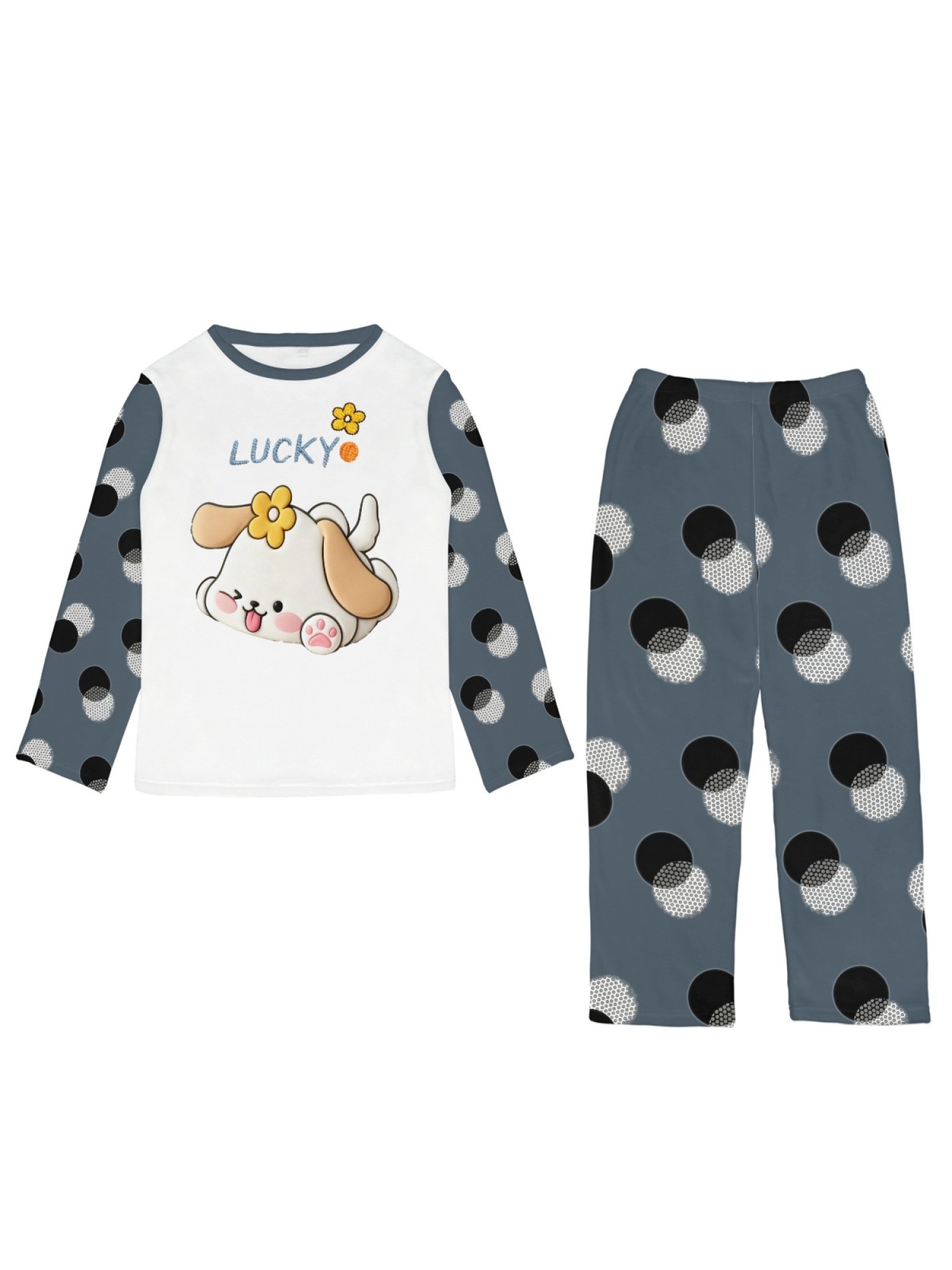 Women's Winter Flannel Casual Pajama Set: Novel Lucky Puppy Pattern Round Neck Long Sleeve Top with Polka Dot Print, Elastic Waist, Long Pants; Comfortable and Warm Home Wear, Versatile for Everyday Wear
