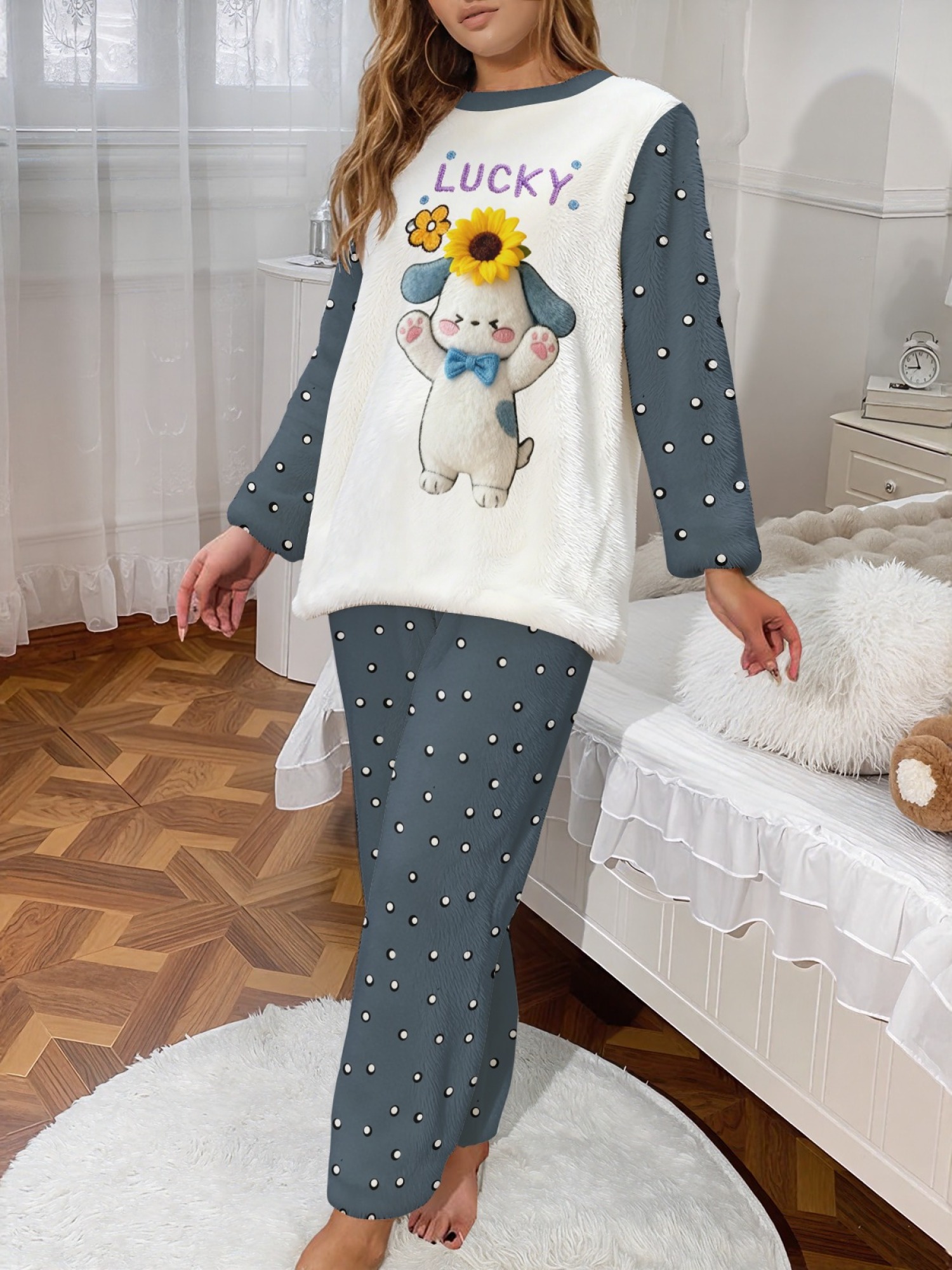 Women's Winter Flannel Casual Pajama Set: Novel Lucky Puppy Pattern Round Neck Long Sleeve Top with Polka Dot Print, Elastic Waist, Long Pants; Comfortable and Warm Home Wear, Versatile for Everyday Wear