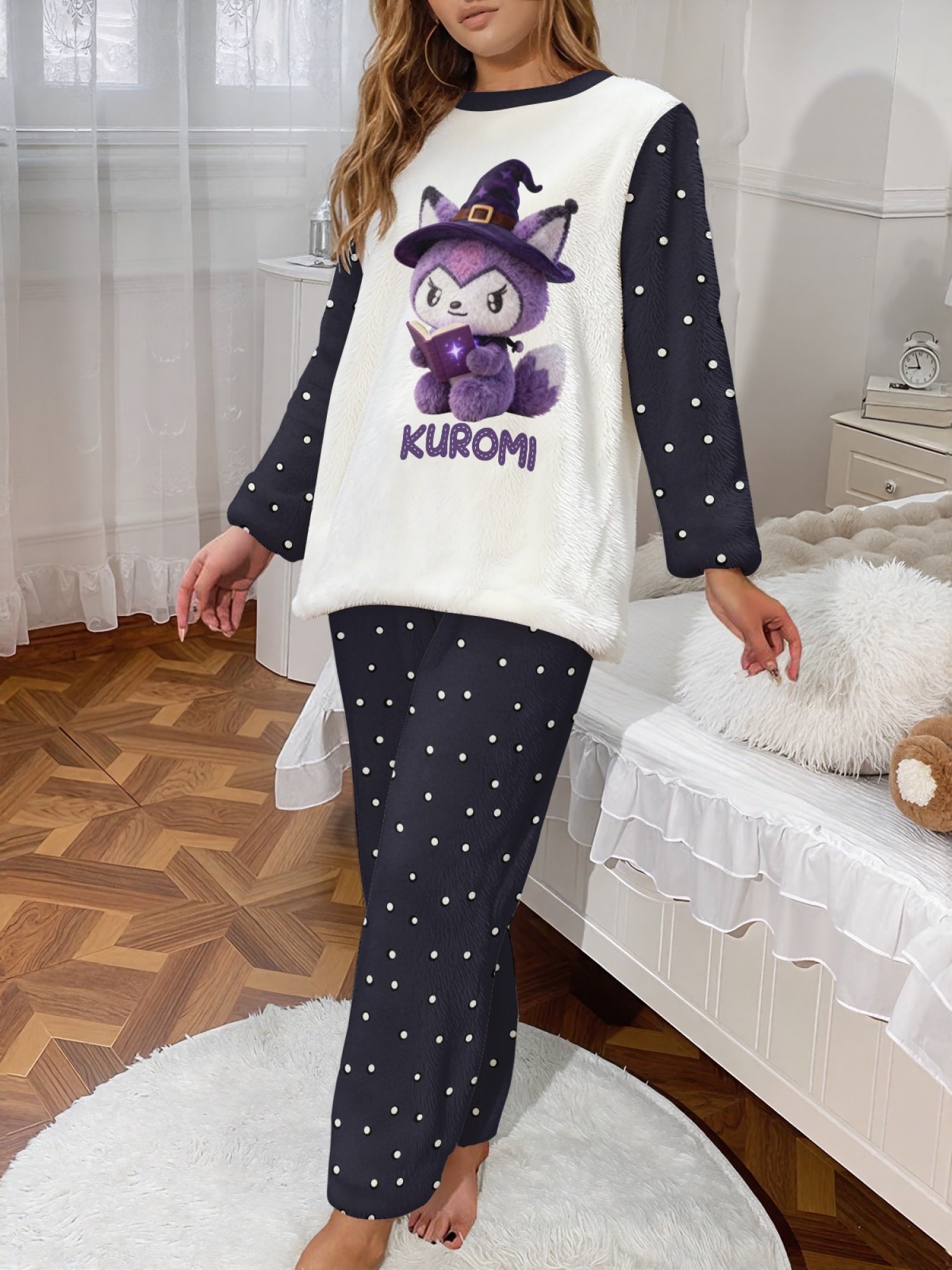 Women's Witch Kitty Printed Flannel Pajama Set - Warm Fuzzy Sleepwear