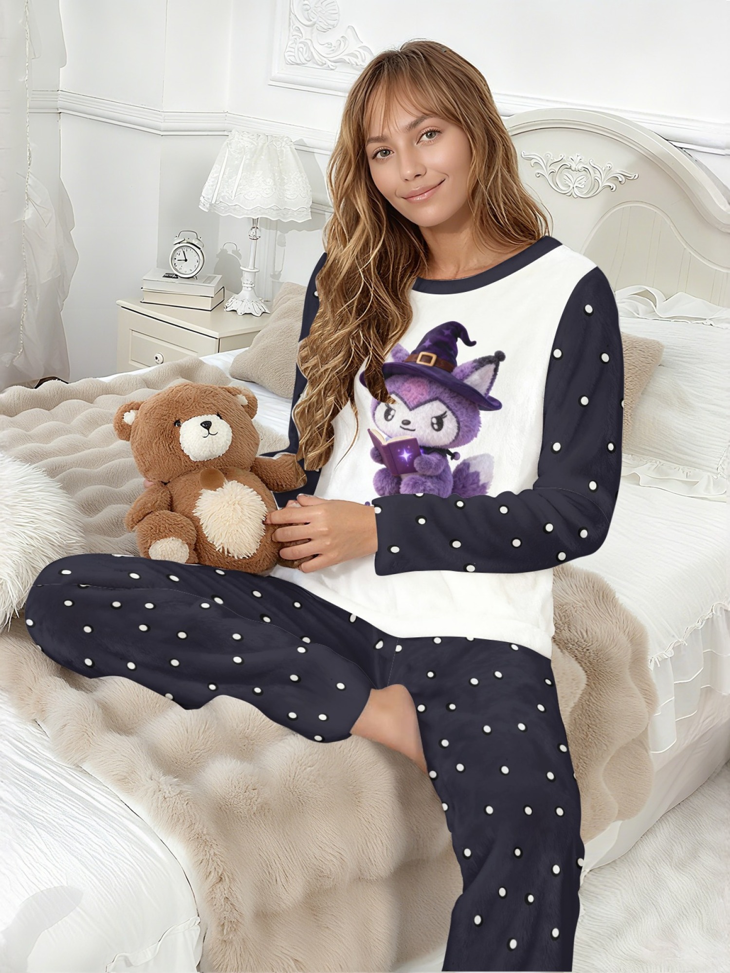 Women's Witch Kitty Printed Flannel Pajama Set - Warm Fuzzy Sleepwear