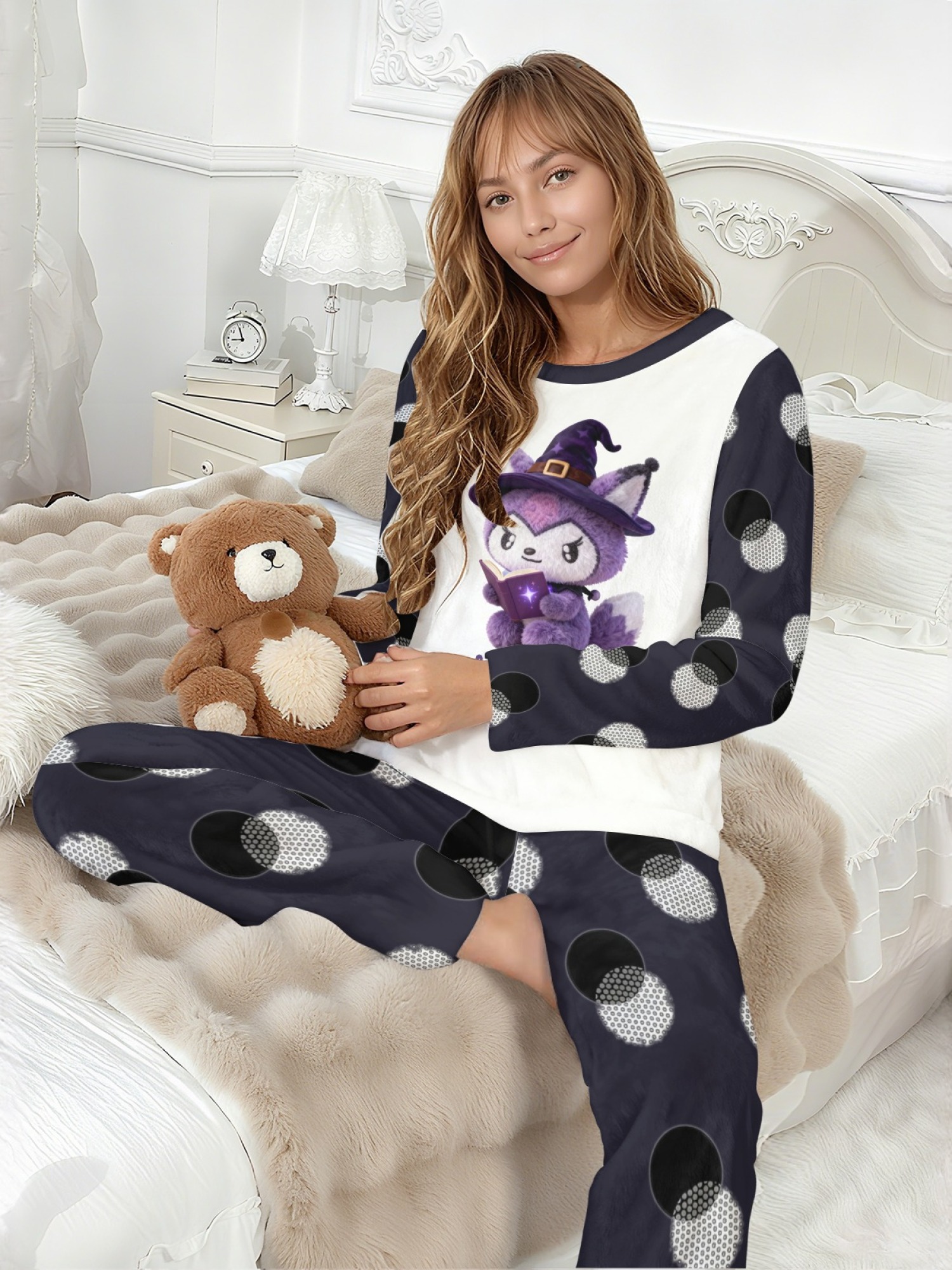 Women's Witch Kitty Printed Flannel Pajama Set - Warm Fuzzy Sleepwear