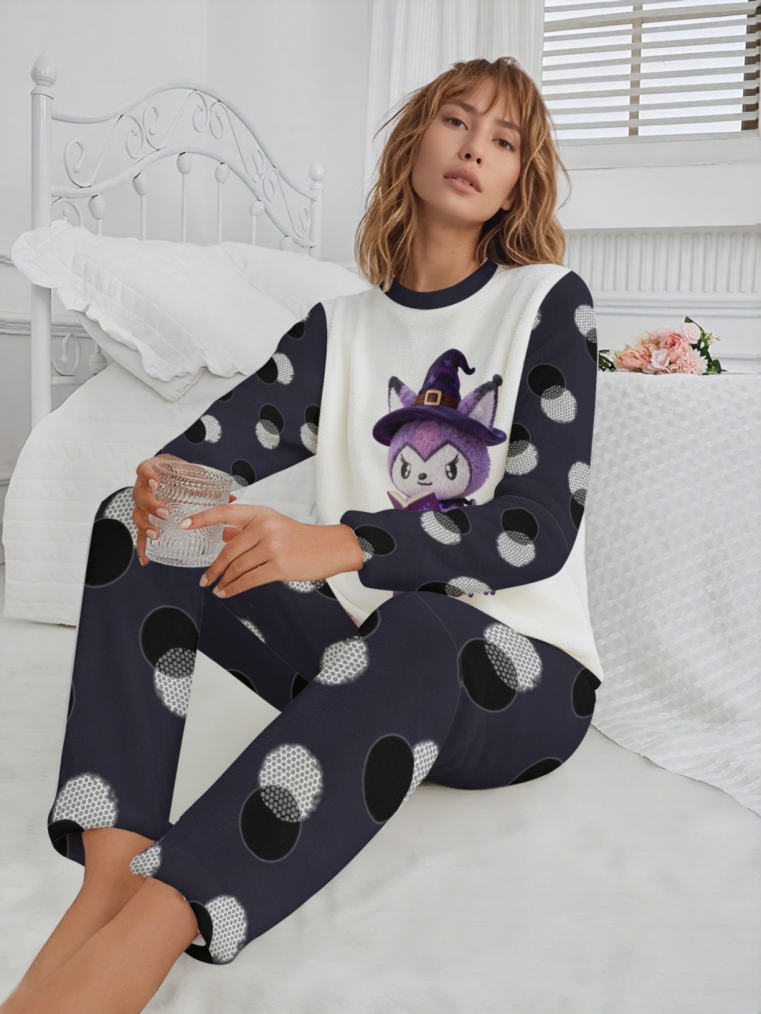 Women's Witch Kitty Printed Flannel Pajama Set - Warm Fuzzy Sleepwear