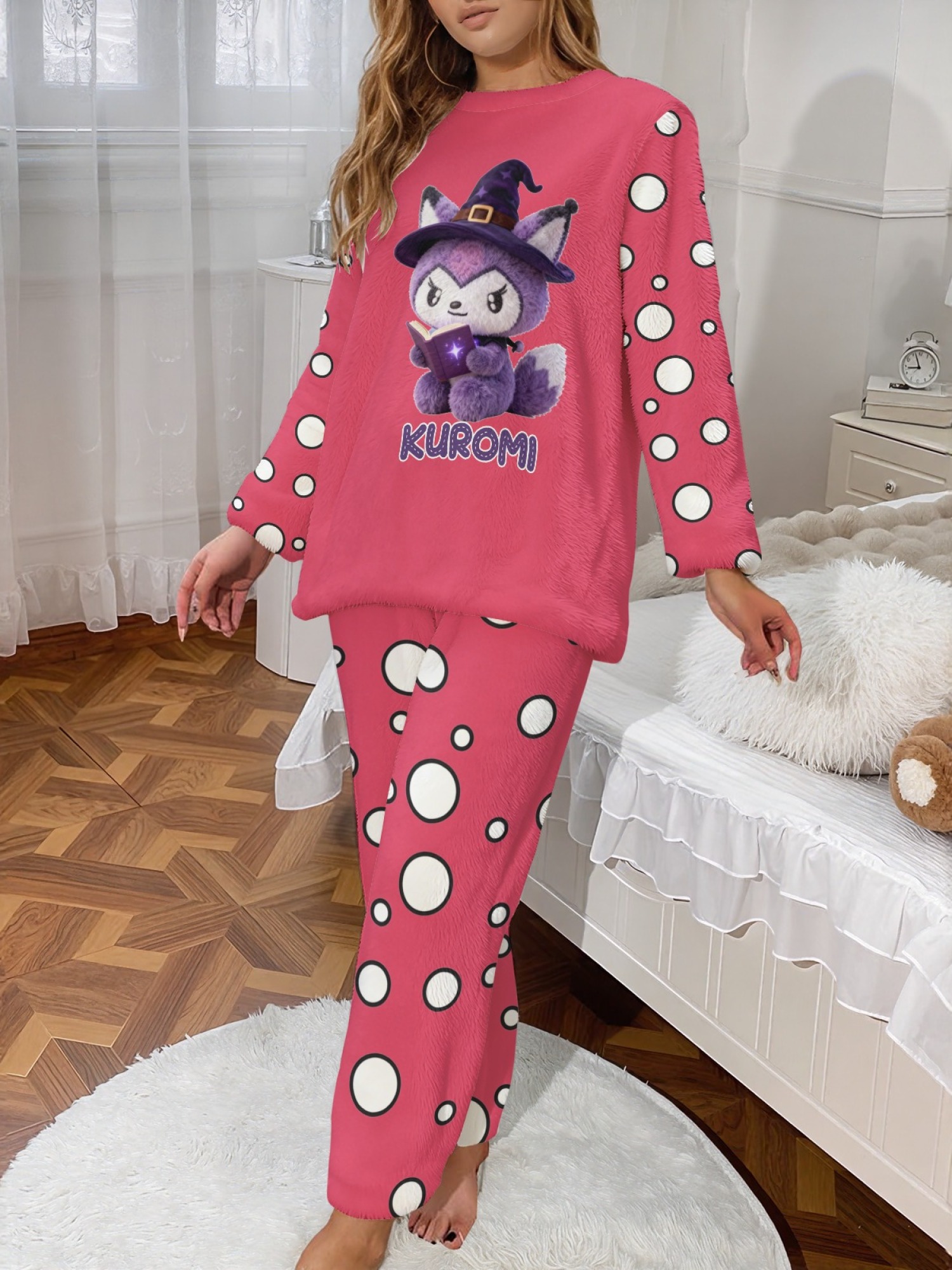 Women's Witch Kitty Printed Flannel Pajama Set - Warm Fuzzy Sleepwear