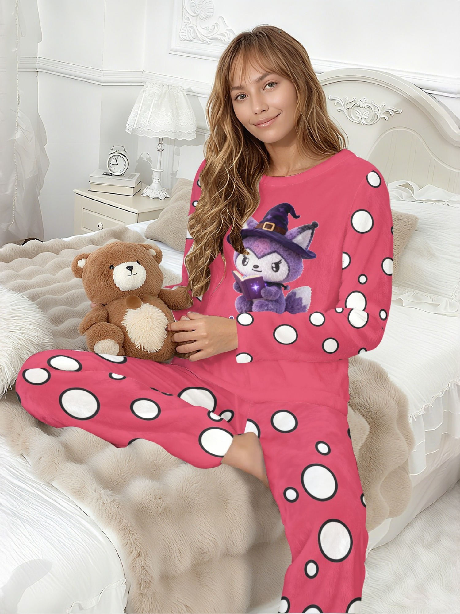 Women's Witch Kitty Printed Flannel Pajama Set - Warm Fuzzy Sleepwear
