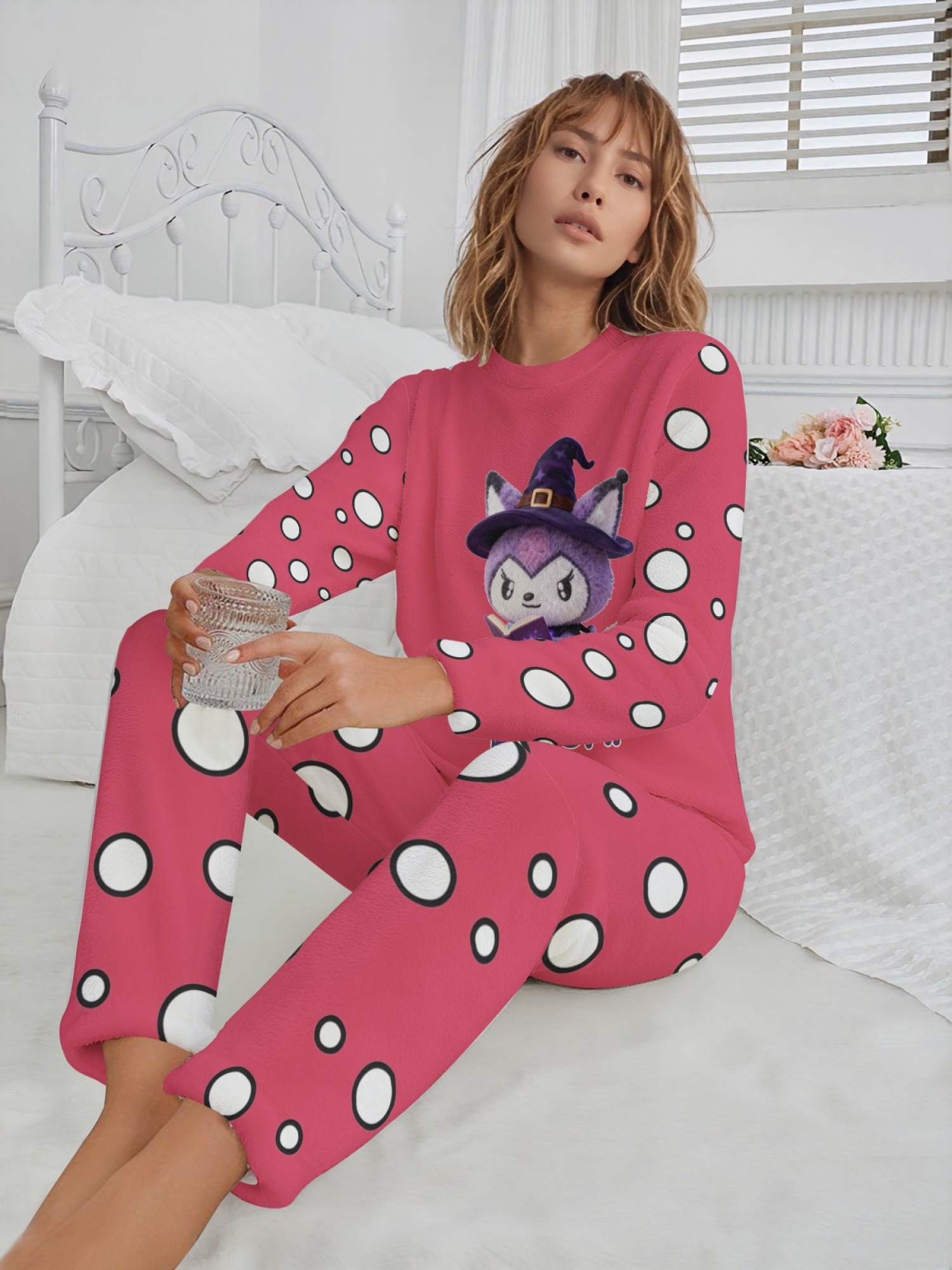 Women's Witch Kitty Printed Flannel Pajama Set - Warm Fuzzy Sleepwear