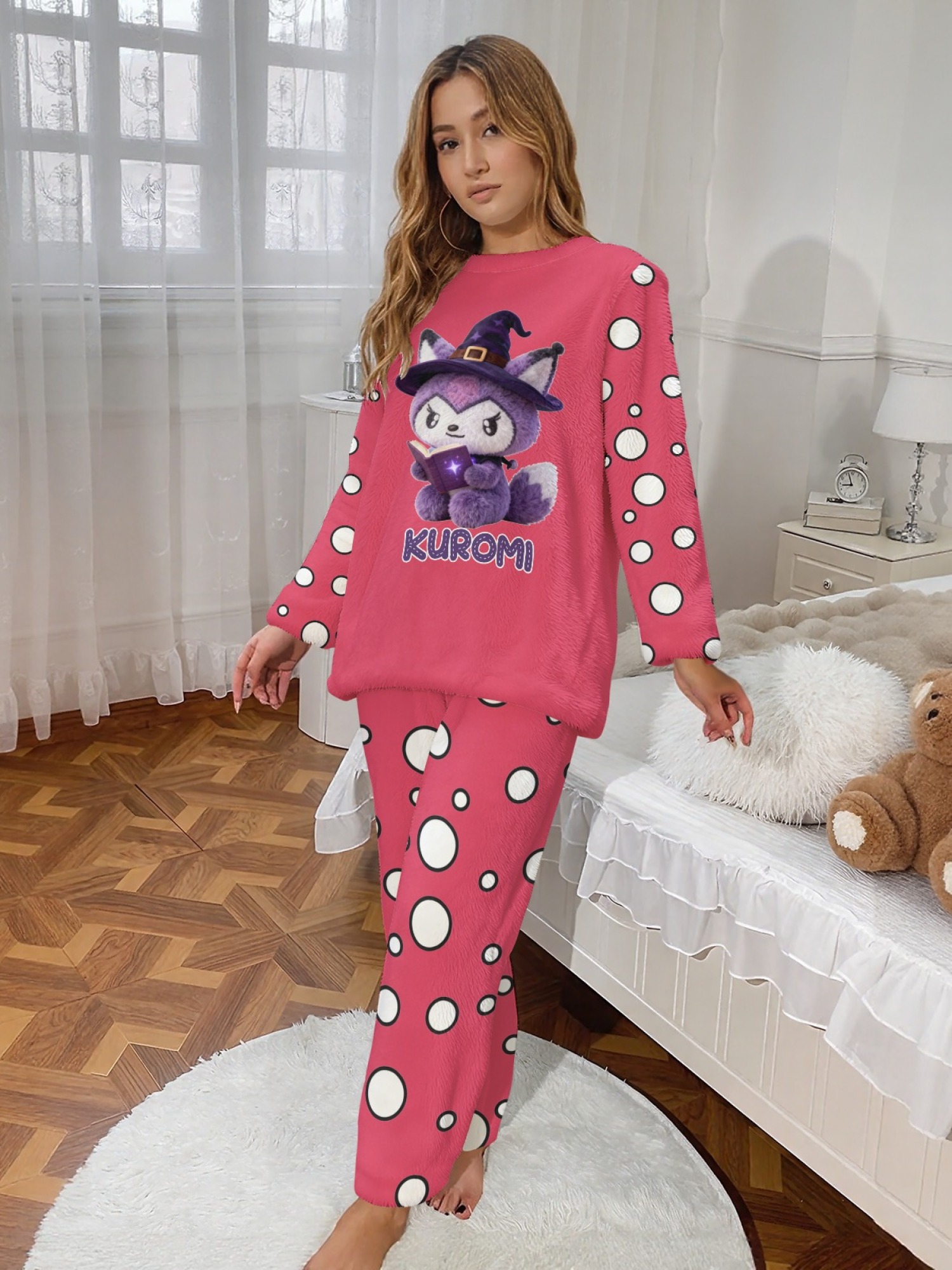 Women's Witch Kitty Printed Flannel Pajama Set - Warm Fuzzy Sleepwear