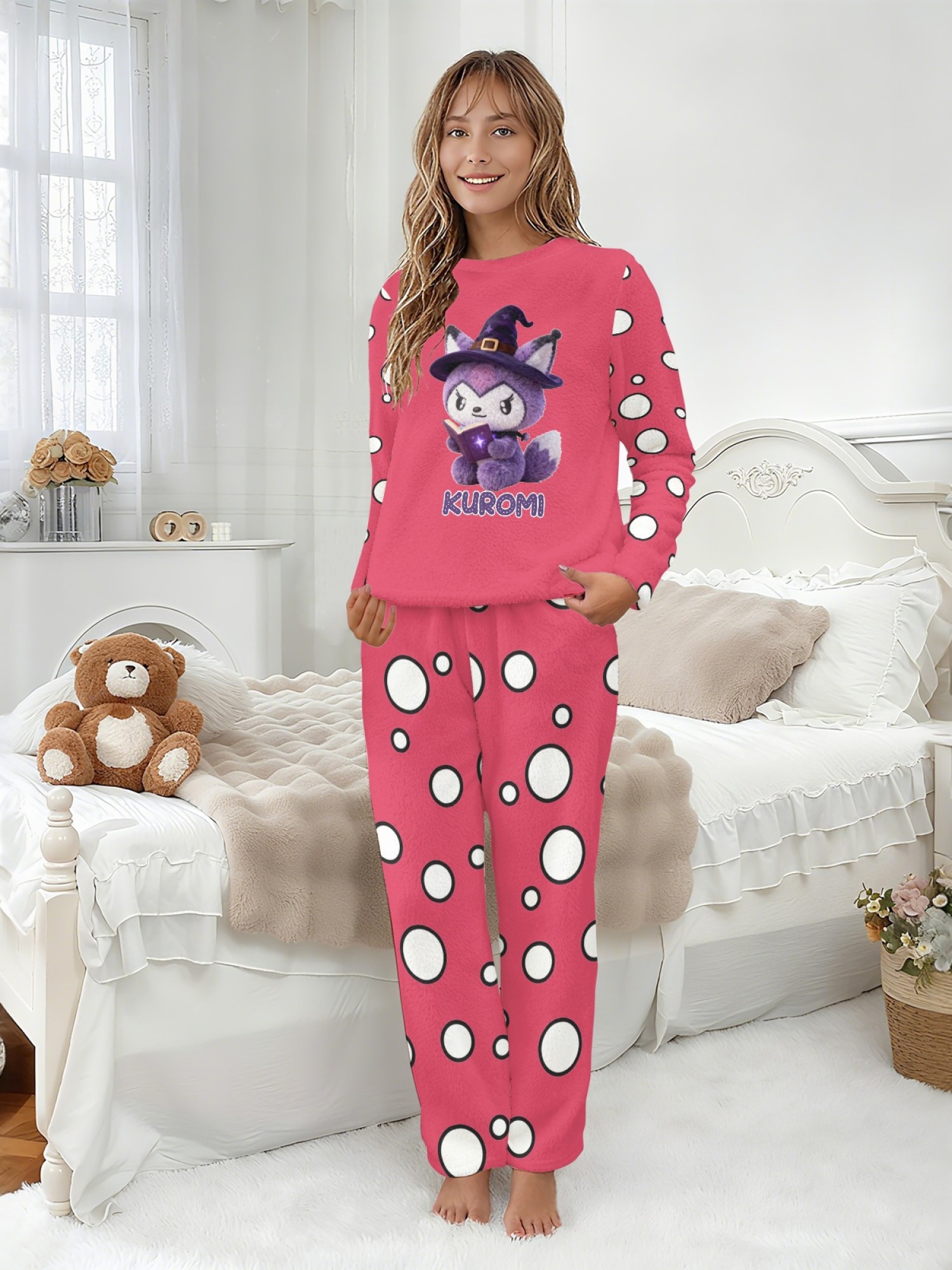 Women's Witch Kitty Printed Flannel Pajama Set - Warm Fuzzy Sleepwear