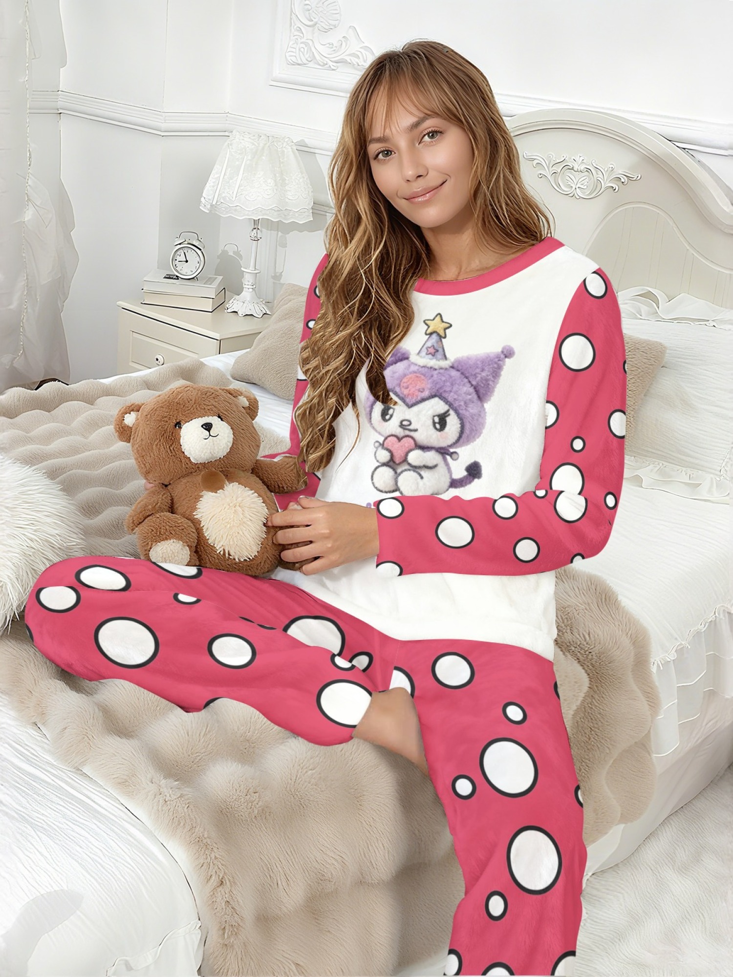 Women's Witch Kitty Printed Flannel Pajama Set - Warm Fuzzy Sleepwear