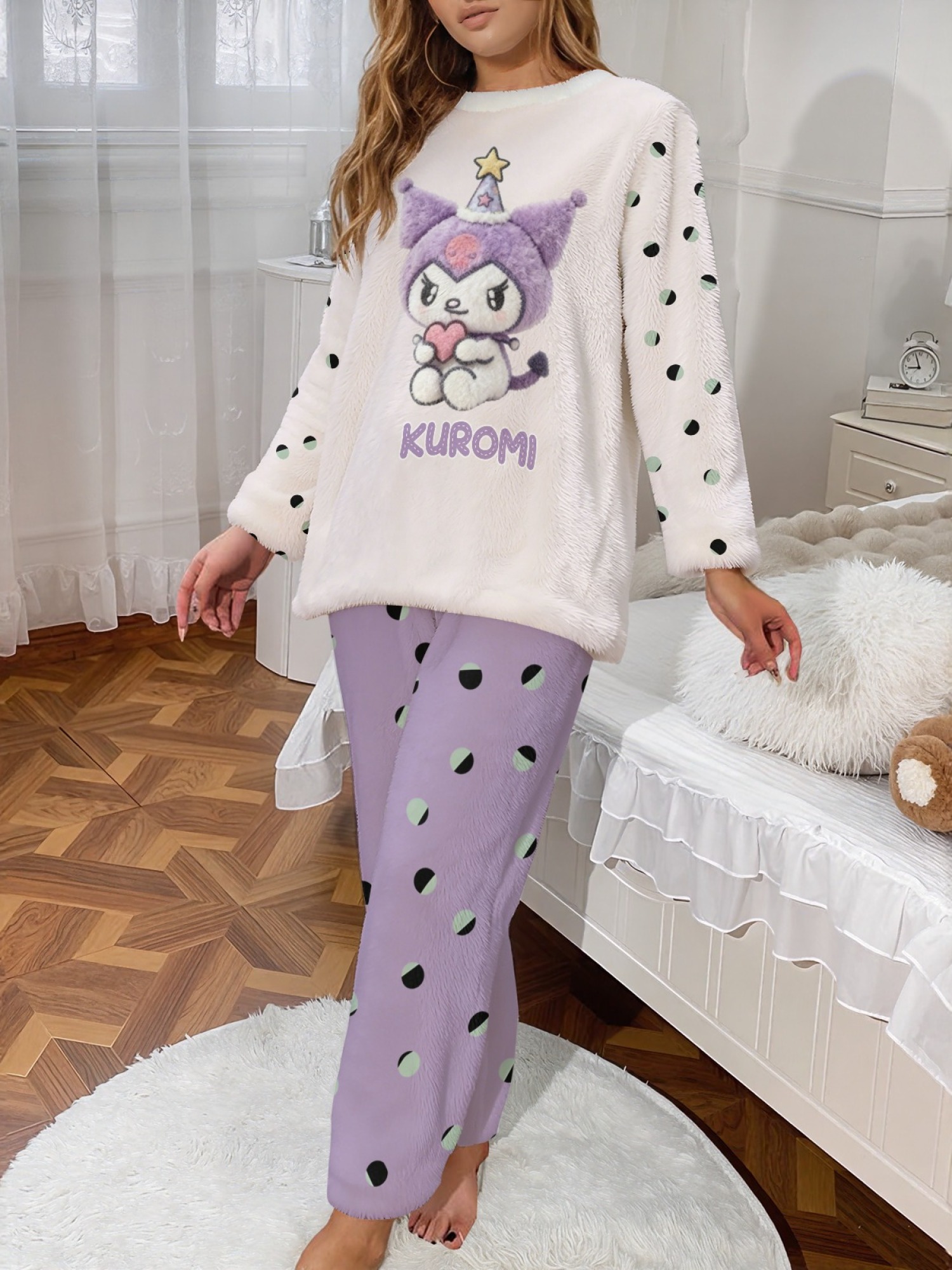 Women's Witch Kitty Printed Flannel Pajama Set - Warm Fuzzy Sleepwear