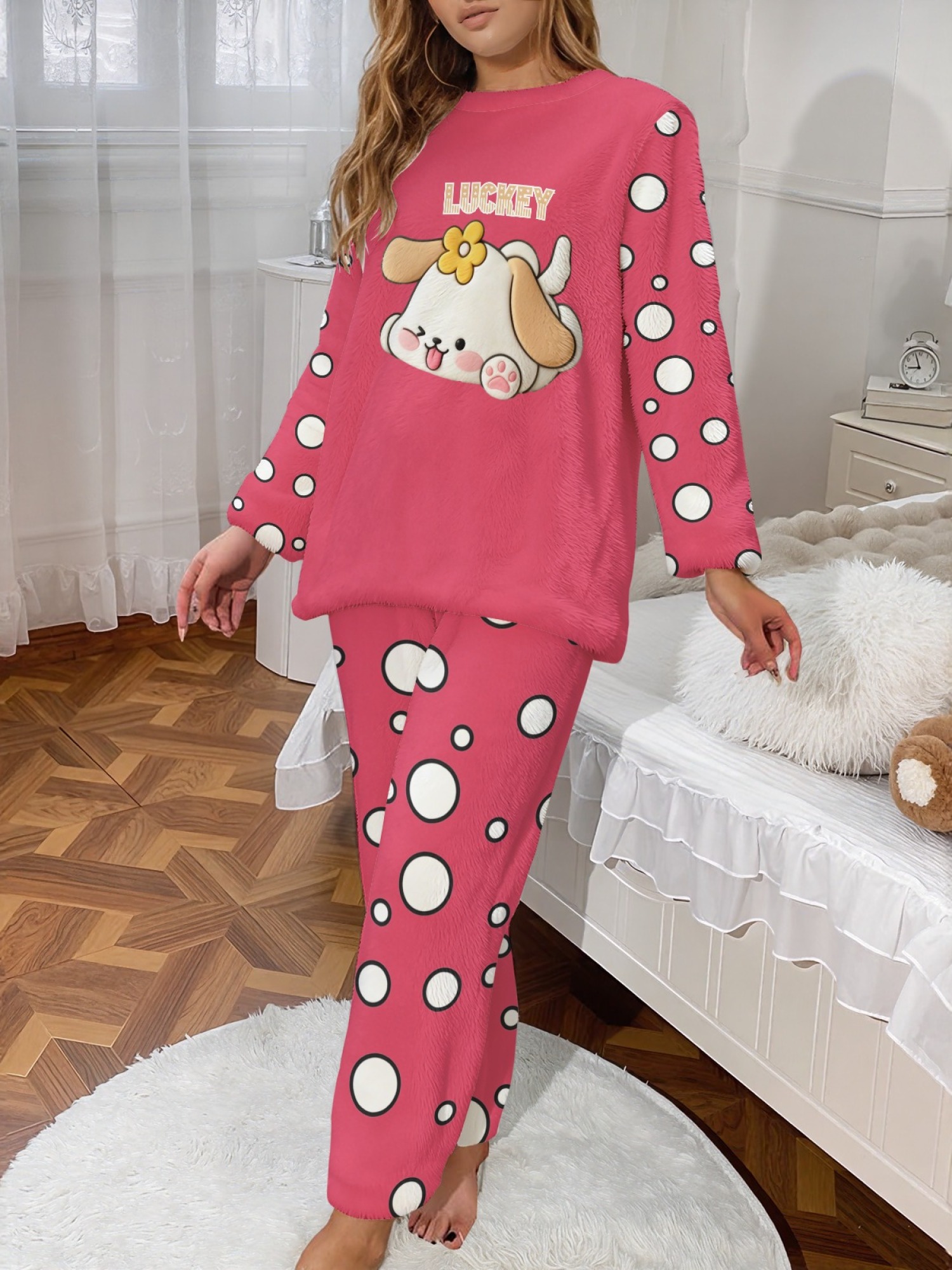 Women's Winter Flannel Casual Pajama Set: Novel Lucky Puppy Pattern Round Neck Long Sleeve Top with Polka Dot Print, Elastic Waist, Long Pants; Comfortable and Warm Home Wear, Versatile for Everyday Wear