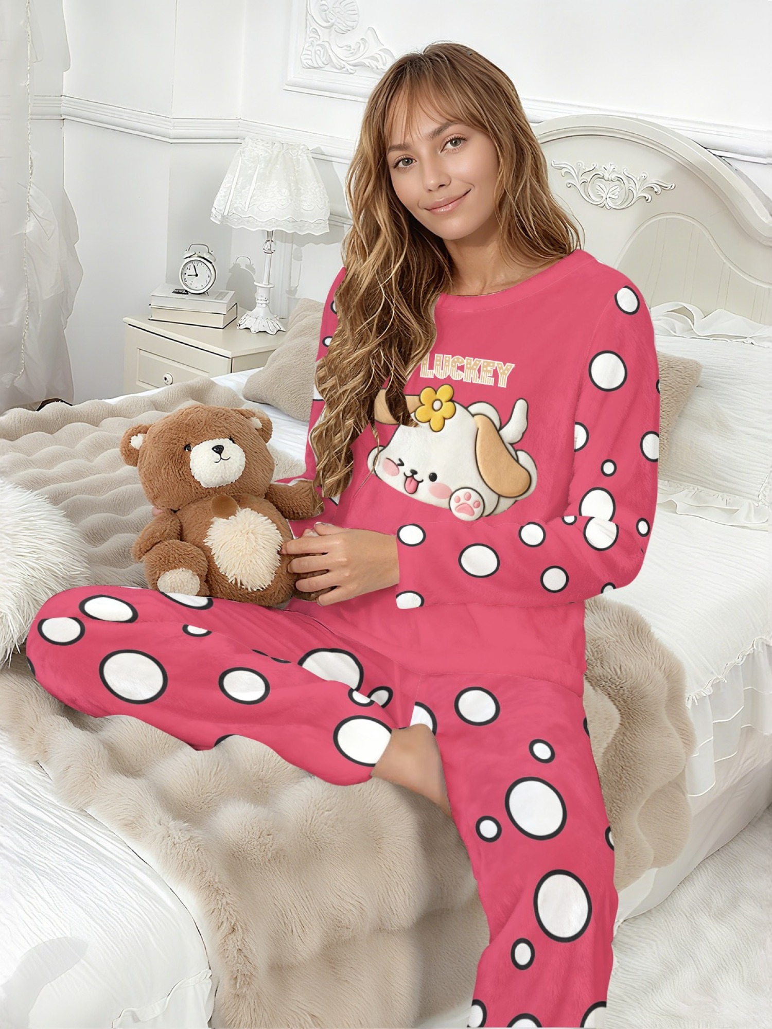 Women's Winter Flannel Casual Pajama Set: Novel Lucky Puppy Pattern Round Neck Long Sleeve Top with Polka Dot Print, Elastic Waist, Long Pants; Comfortable and Warm Home Wear, Versatile for Everyday Wear